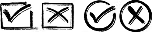Hand drawn checkmarks and cross marks in square and circle frames, grunge brush stroke check and wrong symbols, black ink tick and x icon set, decision concept isolated on transparent background