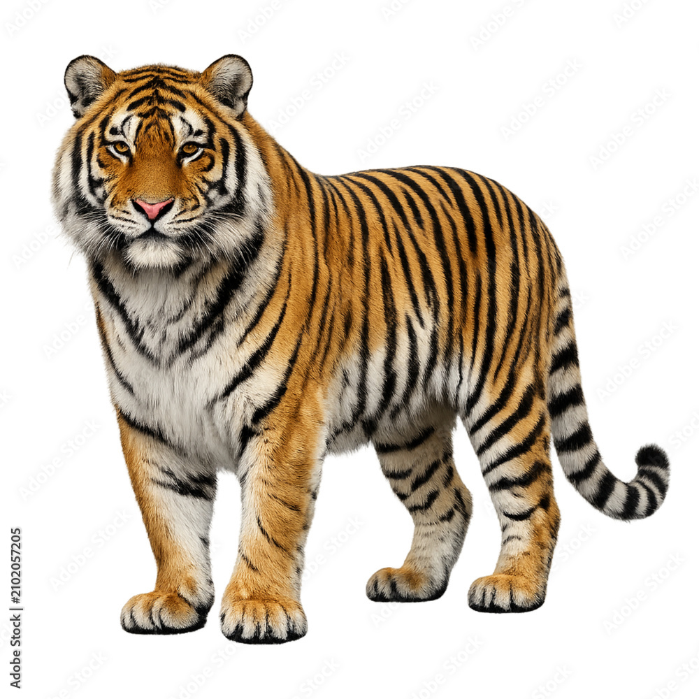 Obraz premium Beautiful Bengal Tiger Isolated on White Background Majestic Striped Big Cat Wildlife Predator with Detailed Fur and Natural Strength