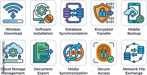 Cloud Storage and Data Management Technology Icons Set for Software and Cybersecurity Applications