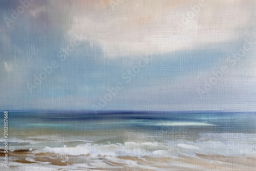 Seascape oil painting capturing tranquil ocean waves meeting a sandy beach under a soft cloudy sky