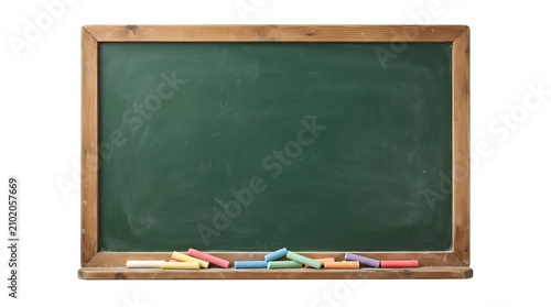 Empty green chalkboard with wooden frame and colorful chalk pieces isolated on transparent background