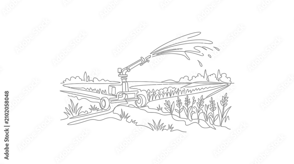 Fototapeta premium Continuous line drawing of a large industrial agricultural sprinkler system.