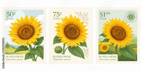 Schilderij op canvas Sunflower Postage Stamps: A trio of illustrated postage stamps featuring vibrant sunflowers, each showcasing the flower's golden petals and rich center, set against idyllic rural landscapes