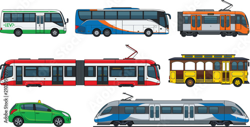 Public Transportation Vehicle Vector Collection with Buses Trains Tram and Urban Transit Set