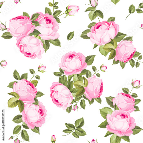 Pink rose seamless pattern. Elegant vintage background. 