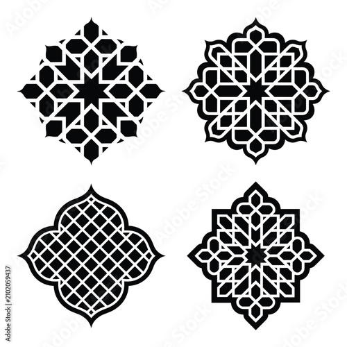 Black and white floral mandala design set with geometric patterns isolated on white background, Vector