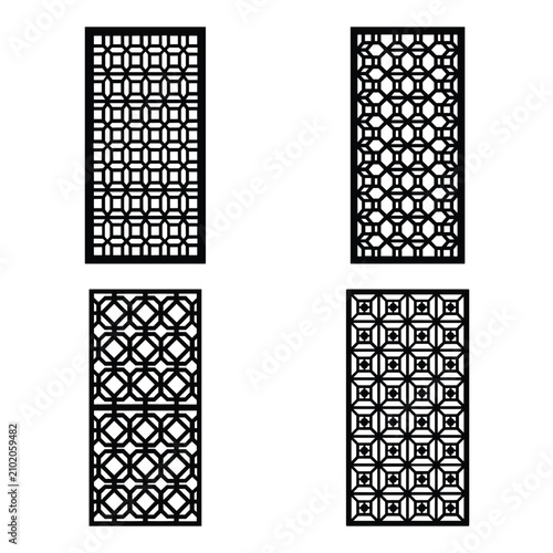 Four black ornamental lattice patterns with geometric designs isolated on white background, Vector