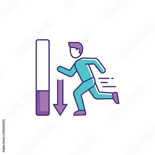Running person with vertical progress bar and downward arrow symbol representing stamina depletion or energy loss in game ui