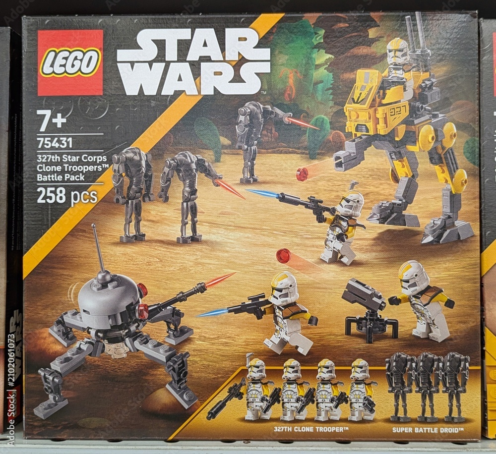 Obraz premium Caja de construcción Lego de Star Wars, 327th Star Corps Clone Troopers Battle Pack, en una tienda Carrefour, Madrid, España, 16 de mayo de 2026