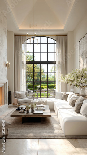 Luxurious living room featuring minimalist design with white furniture, large windows, and elegant decor. Natural light floods space, creating warm and ambiance