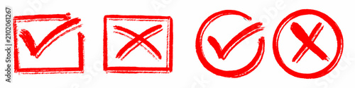 Hand drawn checkmarks and cross marks in square and circle frames, grunge brush stroke check and wrong symbols, red ink tick and x icon set, decision concept isolated on transparent background