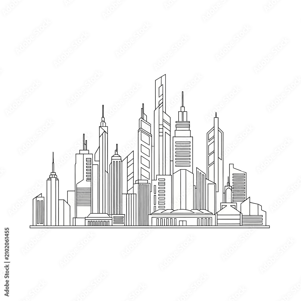 Obraz premium Minimalist outline illustration of a modern city skyline with skyscrapers.
