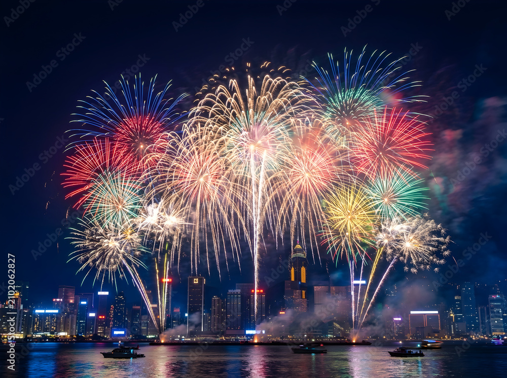 Fototapeta premium Colorful fireworks display over the victoria harbour skyline in hong kong at night with illuminated skyscrapers and boats on the dark water surface