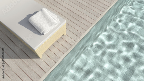 Fotografie Sun bed on poolside wooden terrace of swimming pool, with bright light shines into water and make the caustic light shimmering on bottom of the pool