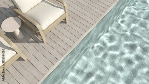 Fotografía Easy chairs on poolside wooden terrace of swimming pool, with bright light shines into water and make the caustic light on bottom of the pool