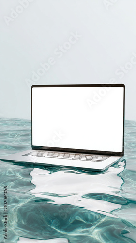 Minimal laptop mockup with white screen floating on clear rippling water, creating unique and modern visual. scene evokes sense of calm and creativity