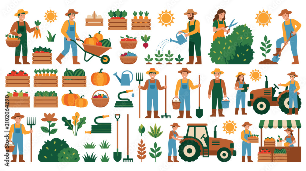 Fototapeta premium Farmers and gardeners harvesting fresh produce from garden.