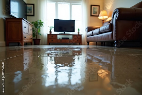Reflection of television and furniture on flooded living room floor damaged by a leak