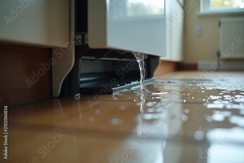 Detail shot of water trickling out from a malfunctioning dishwasher, causing a minor kitchen flood.