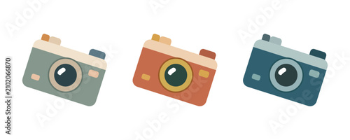 Camera icon set. Collection of colorful digital cameras for photography, media, blogging and travel. Flat vector illustration isolated on white background.