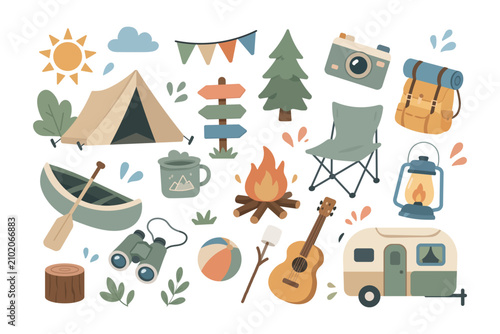 Camping set. Collection of outdoor adventure elements including tent, caravan, campfire, hiking gear and travel accessories. Summer vacation and nature exploration set. Flat vector illustration isolat