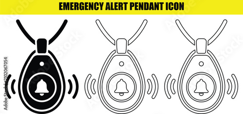 Emergency alert pendant icon set for elderly care personal security wearable medical alarm device.