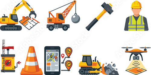 Quadro su tela Construction Site and Building Machinery Icon Set with Laborer Vehicles Machiner