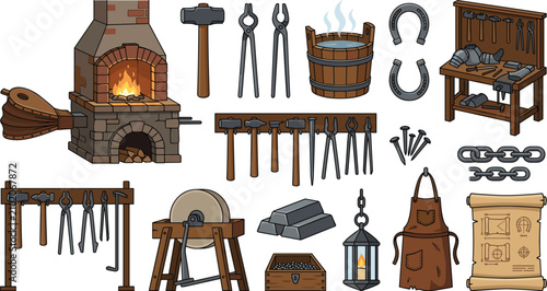 Quadro su tela Medieval blacksmith workshop equipment and vintage forging tools vector illustra