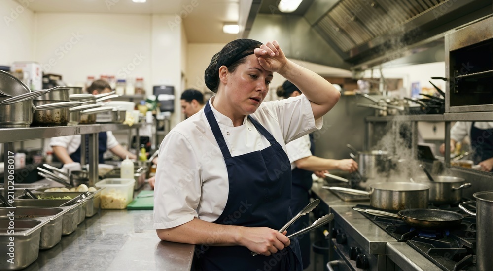 Fototapeta premium Exhausted female chef sweating heavily in hot commercial kitchen. Tired woman wiping forehead due to extreme heat and broken AC