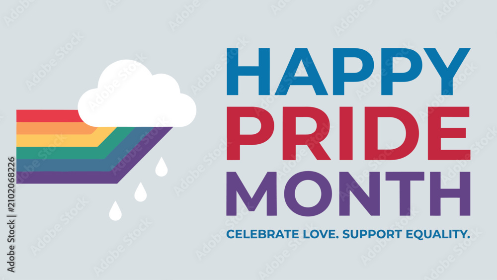 Fototapeta premium Modern Happy Pride Month banner with rainbow and cloud illustration for LGBTQ+ campaigns, social media, websites, posters, events, and promotional materials.
