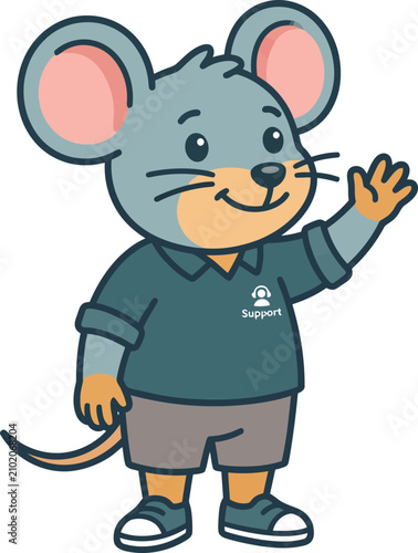 Fotografía Friendly cartoon mouse character wearing a polo shirt and shorts, waving hello, vector illustration