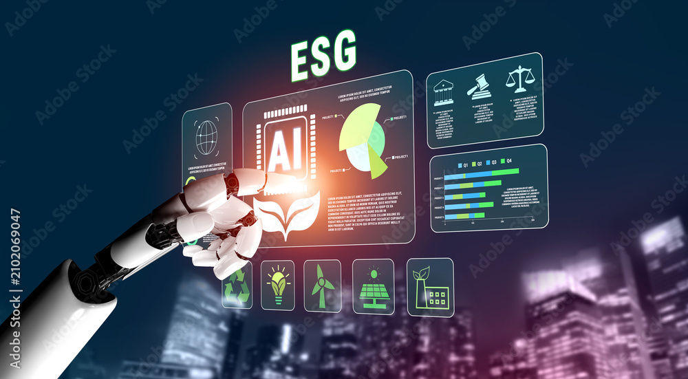 Fototapeta premium Futuristic Robotic Finger Interacting with Modern Environmental and Social Governance Data on High-Tech Display Background Quark.