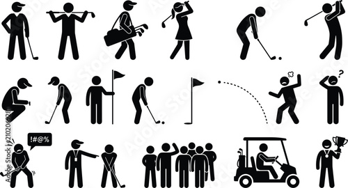 Bild auf Leinwand Golf Players and Country Club Stick Figure Icon Set Featuring Swings Training Mi