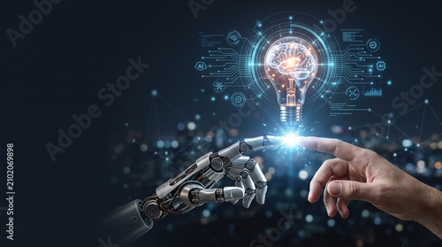 Human and robotic hand touching light bulb with brain and circuit board background in dark futuristic scene