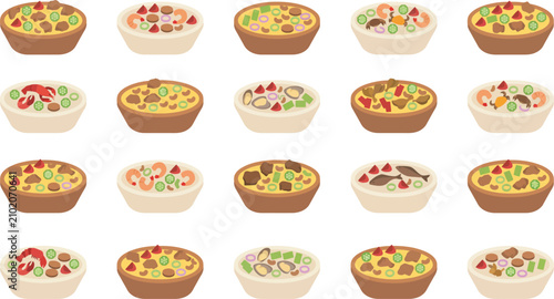 Bild auf Leinwand Minimal flat vector illustration set featuring diverse bowls of savory rice dish