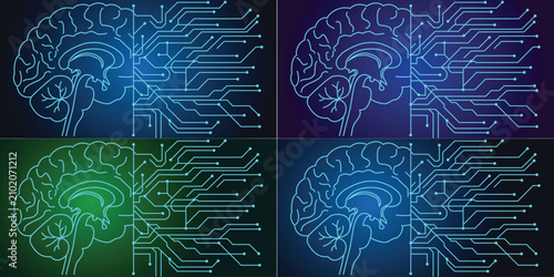 Artificial Intelligence Concept with Digital Cybernetic Brain Network Grid and Circuit Board Split Design