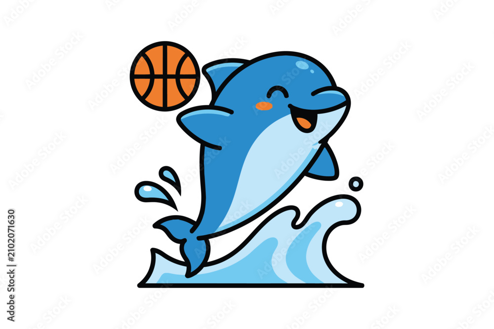 Naklejka premium Cute Cartoon Dolphin Playing Basketball Vector Illustration