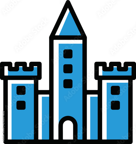 Medieval Castle Fortress Vector Illustration, Blue and White Minimalist Castle Icon for Game Design, Web Interface, and Educational Materials