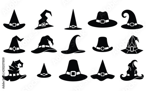 Witch hat collection diverse black silhouette designs for halloween magic themes