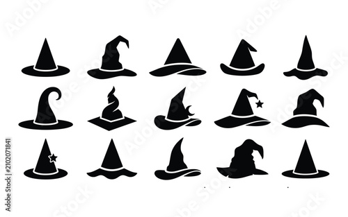 Witch hat collection diverse black silhouette designs for halloween magic themes