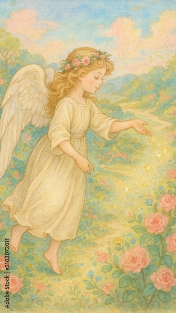 Obraz premium Ethereal angel in floral landscape mobile wallpaper