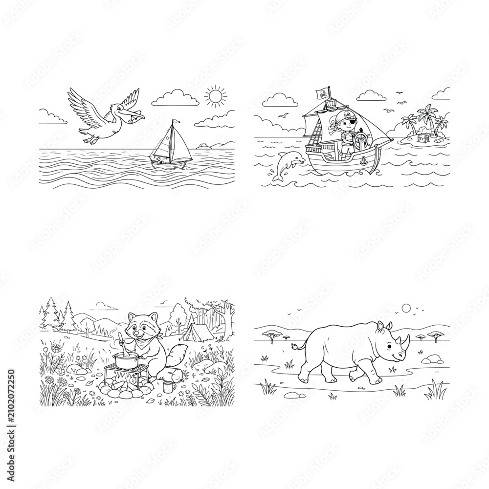 Naklejka premium Coloring pages for kids with animals and adventures