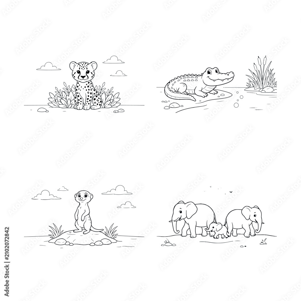 Obraz premium A black and white illustration of four safari animals including a cheetah crocodile meerkat and elephants in a natural setting for kids