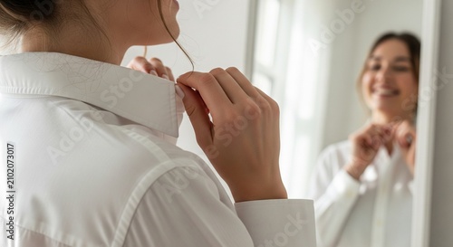 A close-up view of a woman's hands fixing the collar of a classic white shirt, with her blurred smiling face reflected in the mirror.
