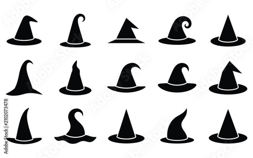 Witch hat collection diverse black silhouette designs for halloween magic themes