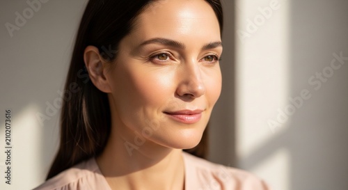 Close-up profile portrait of a smiling young woman looking sideways in soft, warm indoor sunlight