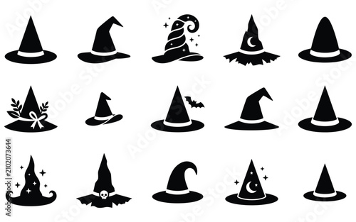 Witch hat collection diverse black silhouette designs for halloween magic themes