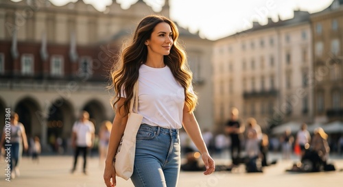 A happy young woman with long wavy hair, a white t-shirt, and jeans walks through a historic European city square during golden hour sunset