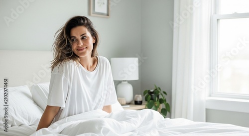 A happy smiling young woman with messy hair sitting in a bright bed with white sheets in the morning, looking away with a relaxed expression