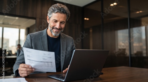 Smiling mature Caucasian businessman reviewing paper document and working on laptop at corporate desk, handsome grey haired male senior executive analyzing financial report concept.